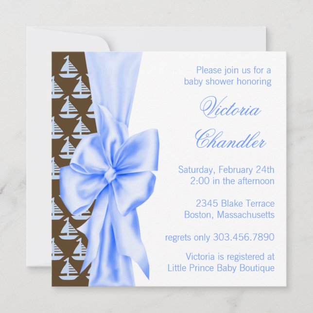 Convites Chuva de Bebê Menino Barco à Vela Azul Elegante (Frente)