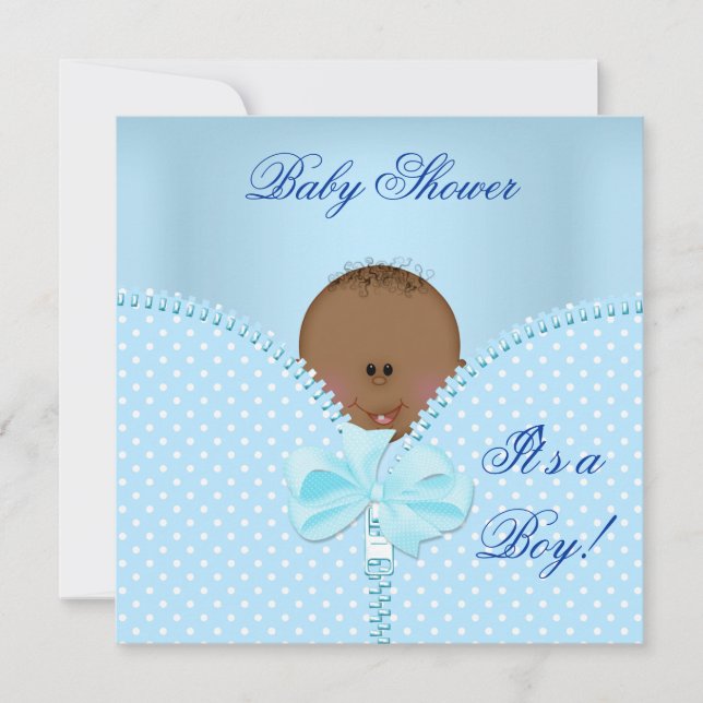 Convites Chuva de Bebê Menino Bebê Azul Branco Pontos Polka (Frente)