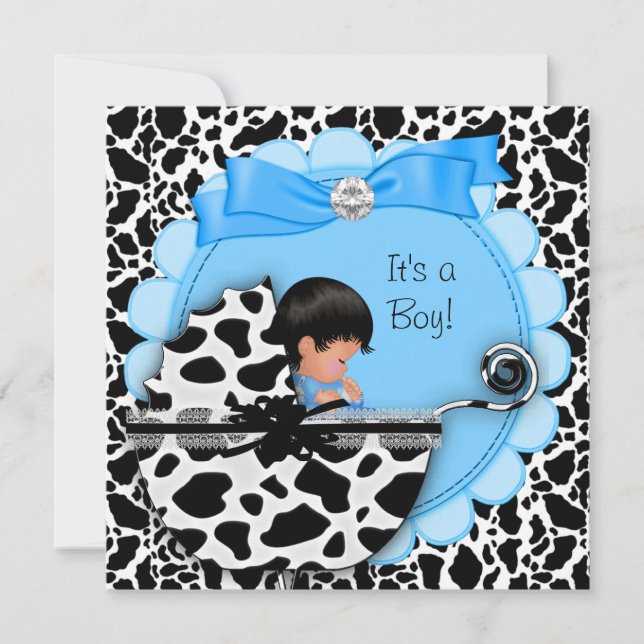 Convites Chuva de Bebê Menino Bebê Fofo Azul Carrinho de Be (Frente)