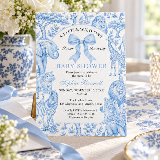 Convites Chuva de Bebê Menino Blue Safari Toile de Jouy