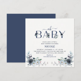 Convites Chuva de Bebê Menino Boho Floral Azul Marinho Quad