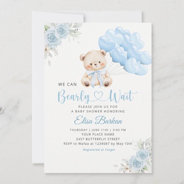 Convites Chuva de Bebê Menino Boho Urso de Pelúcia Mal Pode (Frente)