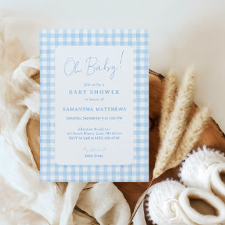 Convites Chuva de Bebê Menino Boho Xadrez Azul Aquarela