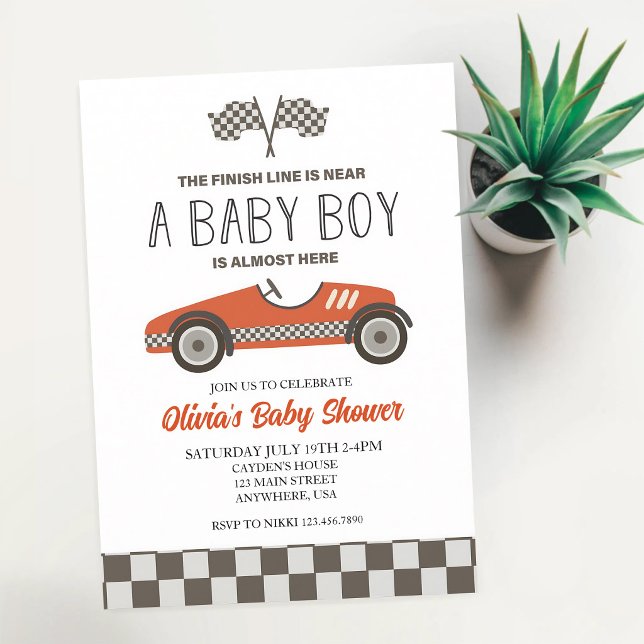 Convites Chuva de Bebê Menino Carro de Corrida Retro Vermel (Criador carregado)