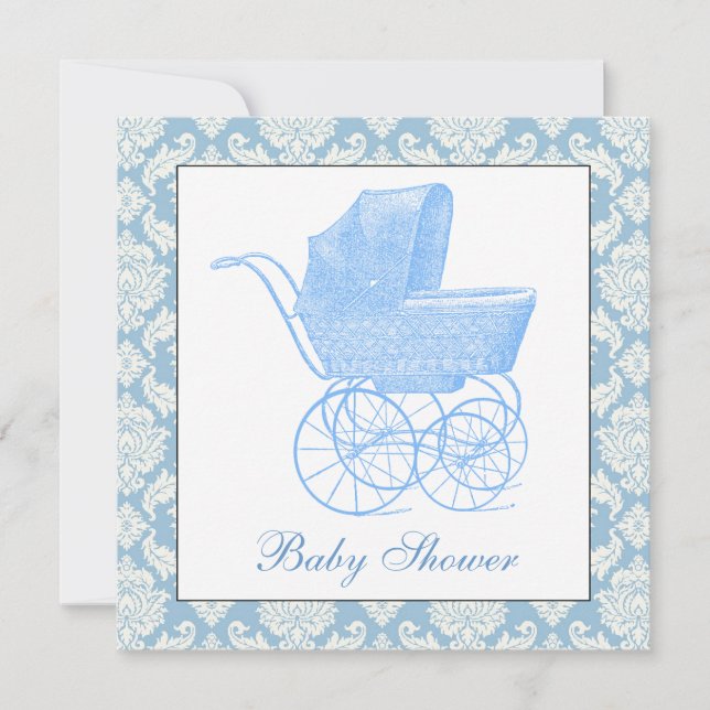 Convites Chuva de Bebê Menino Carruagem Azul Vintage (Frente)