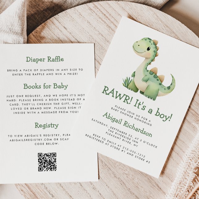 Convites Chuva de Bebê Menino Código QR Dinossauro Verde Fo (Criador carregado)