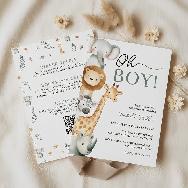 Convites Chuva de Bebê Menino Com Animais Fofos da Savana (Oh Boy Cute Safari Animal All in One Baby Shower Invitation)