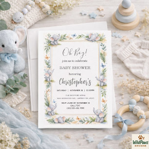 Convites Chuva de Bebê Menino com Elefante em Aquarela - Sa