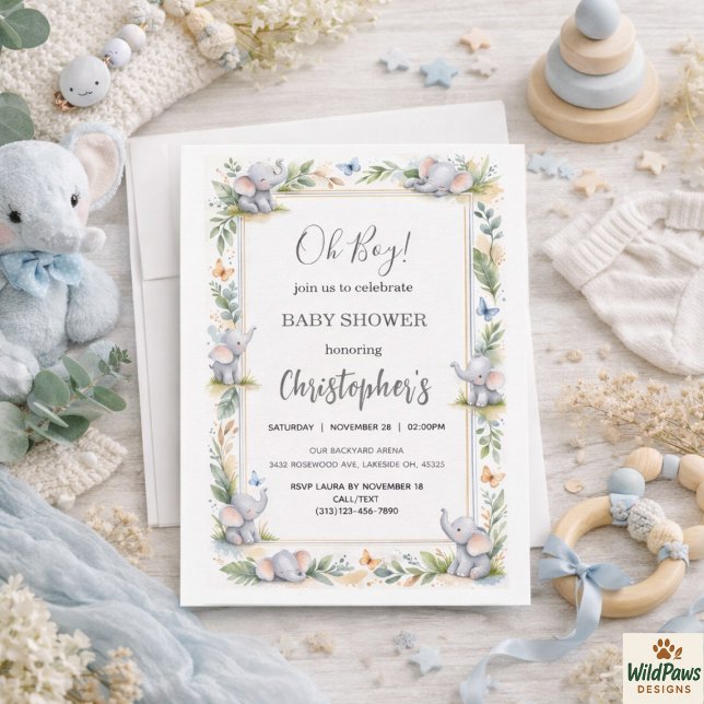 Convites Chuva de Bebê Menino com Elefante em Aquarela - Sa (Boy’s Elephant Watercolor Baby Shower –Blue Safari Invitation
)