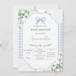 Convites Chuva de Bebê Menino com Laço Azul e Gingham