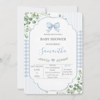 Convites Chuva de Bebê Menino com Laço Azul e Gingham