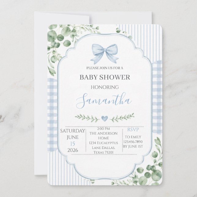 Convites Chuva de Bebê Menino com Laço Azul e Gingham (Frente)