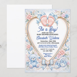 Convites Chuva de Bebê Menino com Laço Azul Pastel Elegante