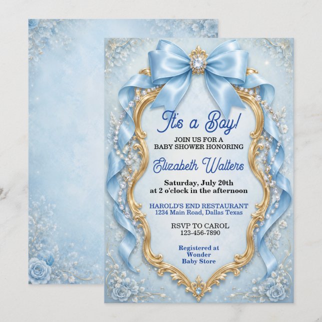 Convites Chuva de Bebê Menino com Laço Azul Pastel Elegante (Frente/Verso)