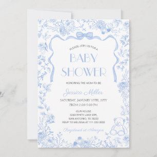 Convites Chuva de Bebê Menino com Laço Azul Toile De Jouy
