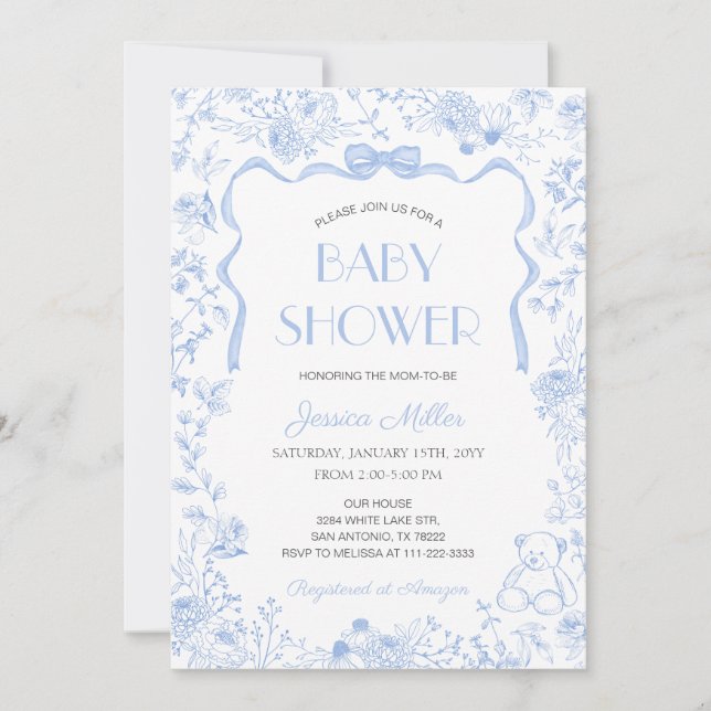 Convites Chuva de Bebê Menino com Laço Azul Toile De Jouy (Frente)