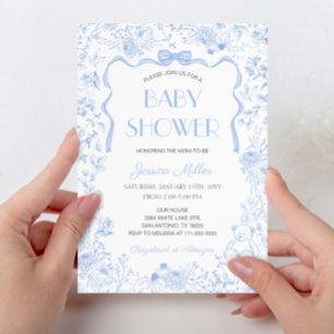 Convites Chuva de Bebê Menino com Laço Azul Toile De Jouy