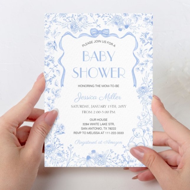 Convites Chuva de Bebê Menino com Laço Azul Toile De Jouy (Criador carregado)
