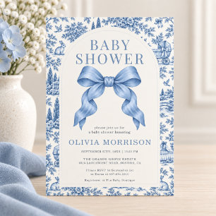 Convites Chuva de Bebê Menino com Laço Azul Toile Francês