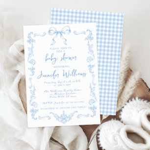 Convites Chuva de Bebê Menino com Laço Azul Toile Xadrez Vi