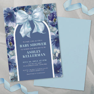 Convites Chuva de Bebê Menino com Laço Floral Azul