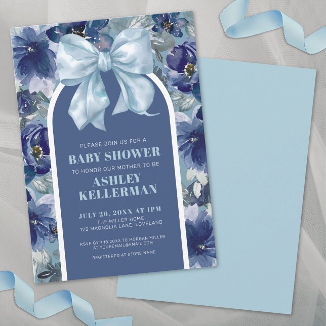 Convites Chuva de Bebê Menino com Laço Floral Azul (Blue Floral Boy Baby Shower Invitation)