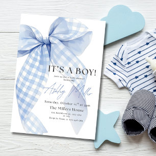 Convites Chuva de Bebê Menino com Laço Gingham Azul É um Me
