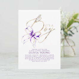 Convites Chuva de Bebê Menino com Laço Roxo e Dourado Elega