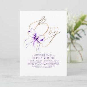 Convites Chuva de Bebê Menino com Laço Roxo e Dourado Elega