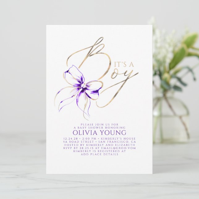 Convites Chuva de Bebê Menino com Laço Roxo e Dourado Elega (Em pé/Frente)