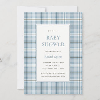 Convites Chuva de bebê menino com padrão xadrez azul clássi