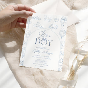 Convites Chuva De Bebê Menino Com Toile De Jouy Azul