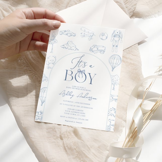 Convites Chuva De Bebê Menino Com Toile De Jouy Azul (Criador carregado)