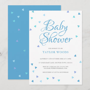 Convites Chuva de Bebê Menino Corações de Amor Azul Moderno