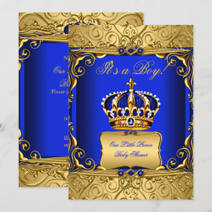 Convites Chuva de Bebê Menino Coroa Dourada Damask Azul Rea