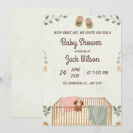 Convites Chuva de Bebê Menino Cute Watercolor Verde e Marro