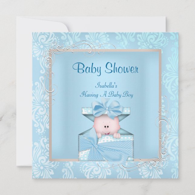 Convites Chuva de Bebê Menino Damasco Floral Azul Branco (Frente)