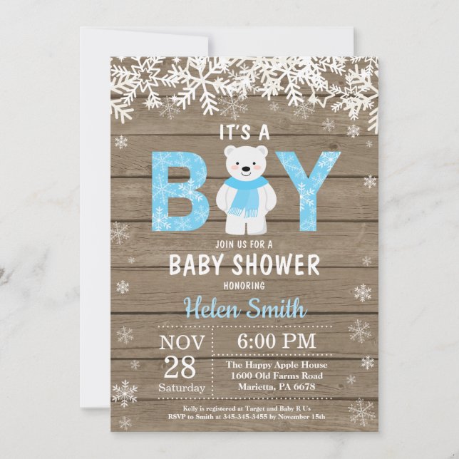 Convites Chuva de Bebê Menino de Urso Polar Rústico de Inve (Frente)