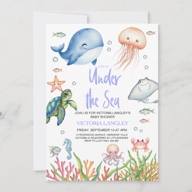 Convites Chuva de Bebê Menino Debaixo do Mar Animais Oceâni (Frente)