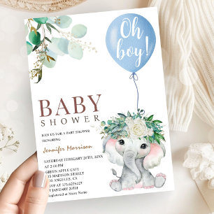 Convites Chuva de Bebê Menino Elefante Azul