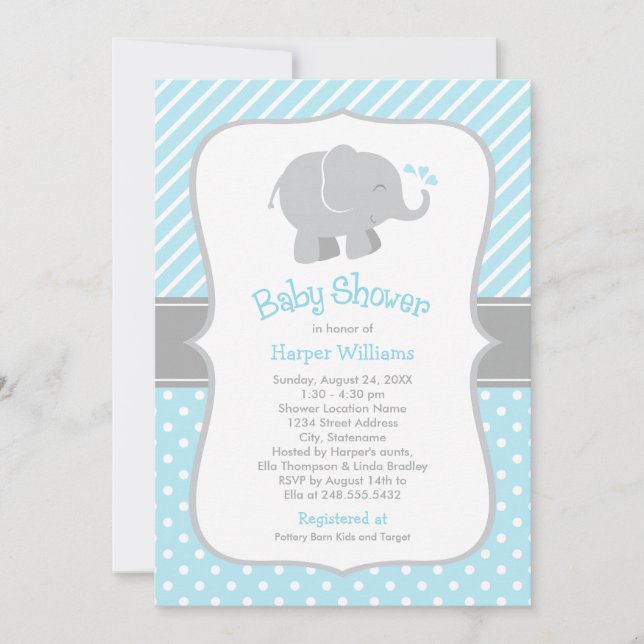 Convites Chuva de Bebê Menino Elefante Azul Céu Moderno (Frente)