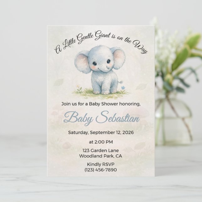 Convites Chuva de Bebê Menino Elefante Azul Doce (Em pé/Frente)