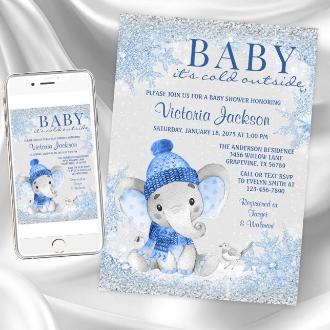 Convites Chuva de Bebê Menino Elefante Bebe Está Frio Lá Fo (Baby its cold outside baby shower invitations. Instant download and printed invitations available.)