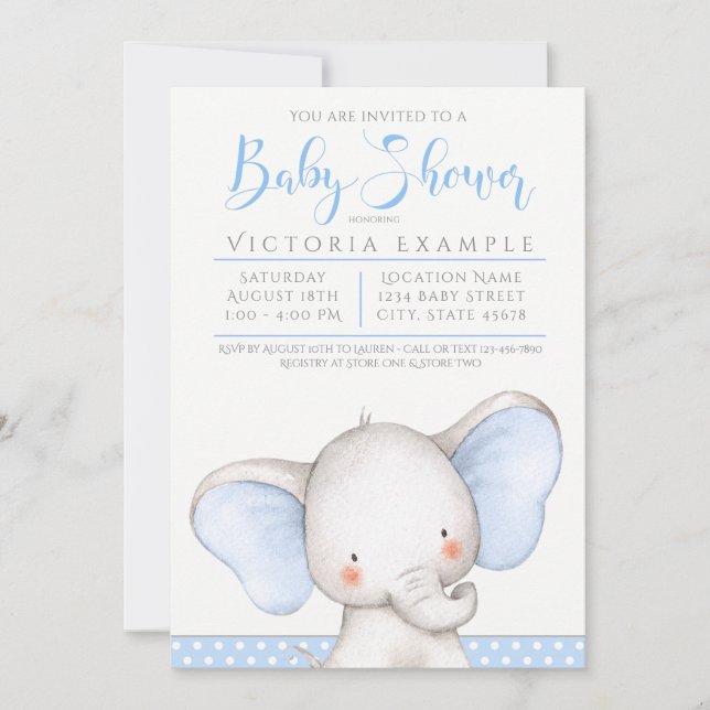 Convites Chuva de Bebê Menino Elefante Cinza Azul (Frente)