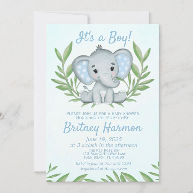 Convites Chuva de Bebê Menino Elefante com Vegetação Modern (Frente)