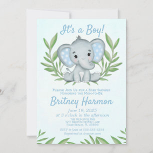 Convites Chuva de Bebê Menino Elefante com Vegetação Modern