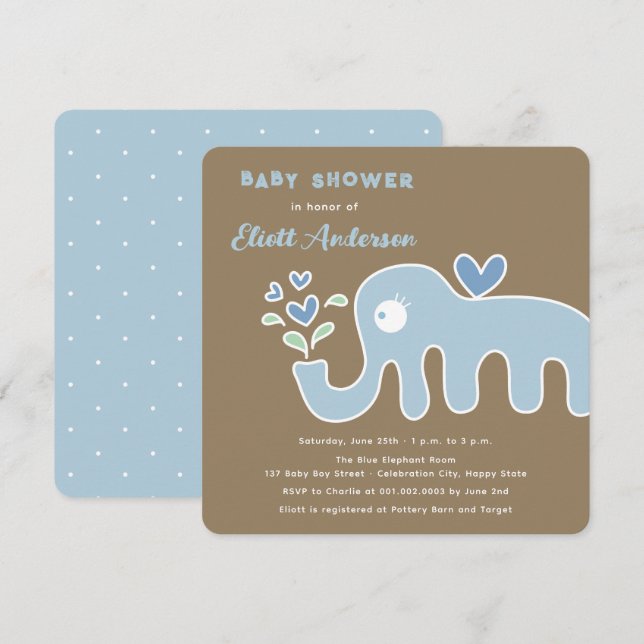Convites Chuva de Bebê Menino Elefante de Desenho Animado A (Frente/Verso)