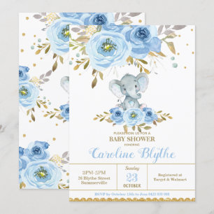 Convites Chuva de Bebê Menino Elefante Floral Azul Elegante