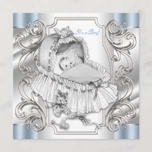 Convites Chuva de Bebê Menino Elegante Vintage Prata e Azul