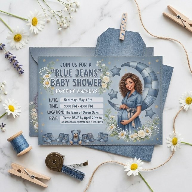 Convites Chuva de Bebê Menino em Gênero Denim Rústico Lua d (Criador carregado)